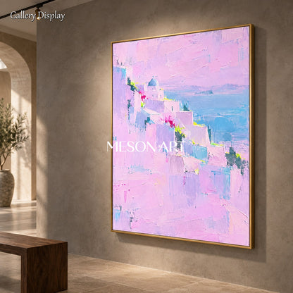 لوحة جدارية فاخرة مستطيلة الشكل من Mesonart، مصممة بألوان الفن التجريدي الوردي والأزرق باستخدام سكين الألوان، بأسلوب فني حديث