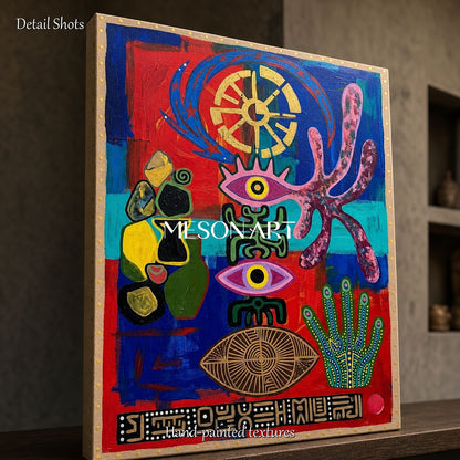 Modern Abstract Art With Bold Colors And Mystical Symbols For Living Room Decor