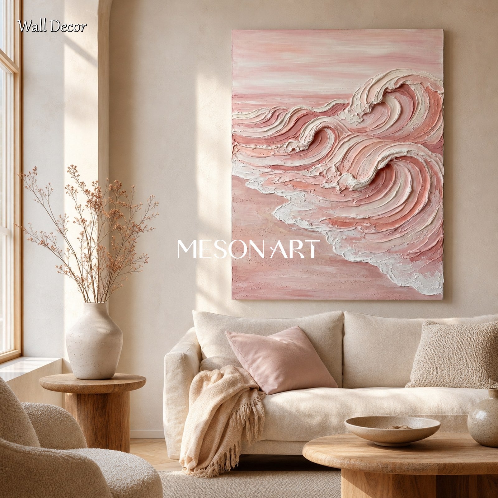 Pink Ocean Wave Painting With Thick Textured Plaster Finish For