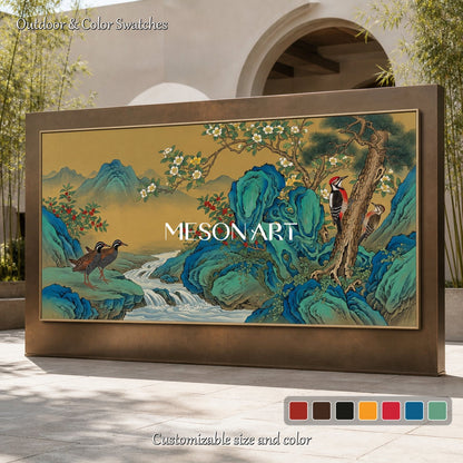 Blue And Gold Gongbi Painting Original Artist Panoramic Wall Art For Living Room By Mesonart