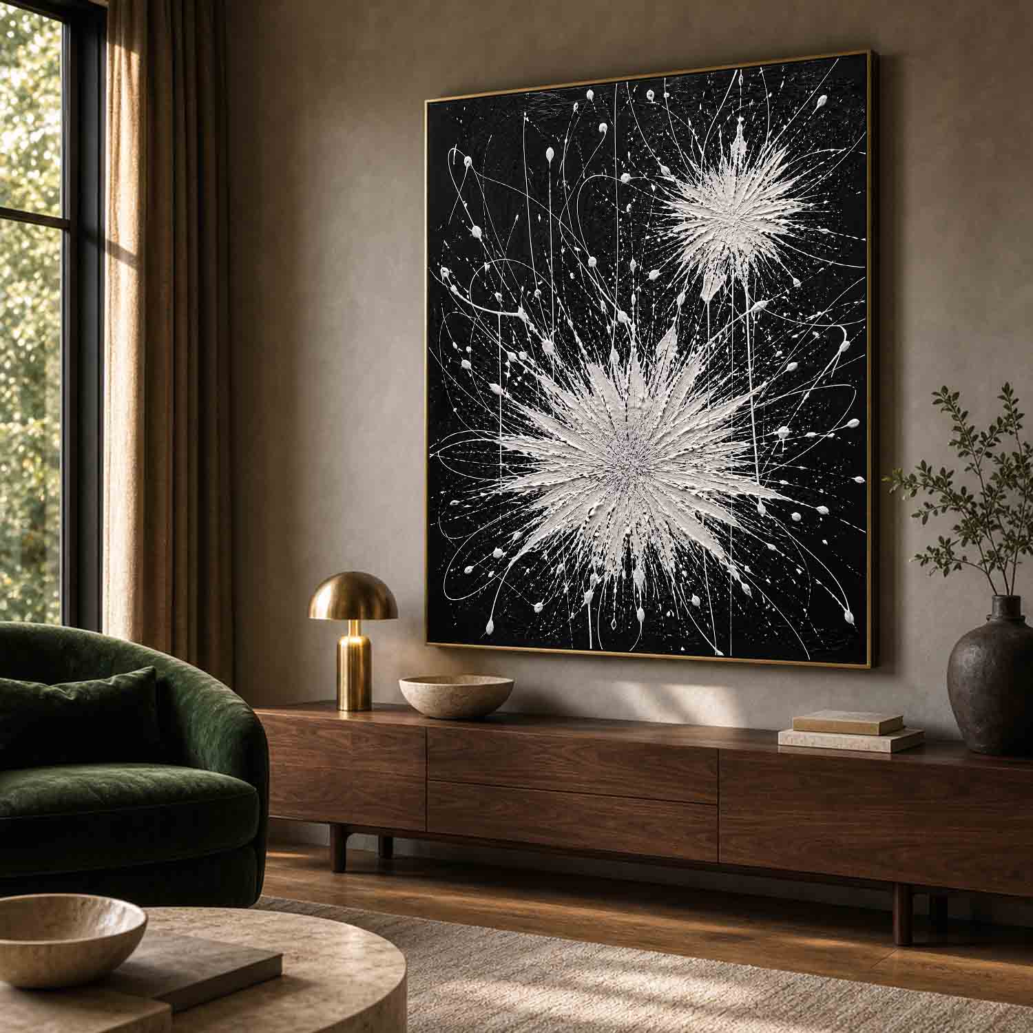 Abstract Black White Explosion Art For Modern Living Room Entryway Executive Office