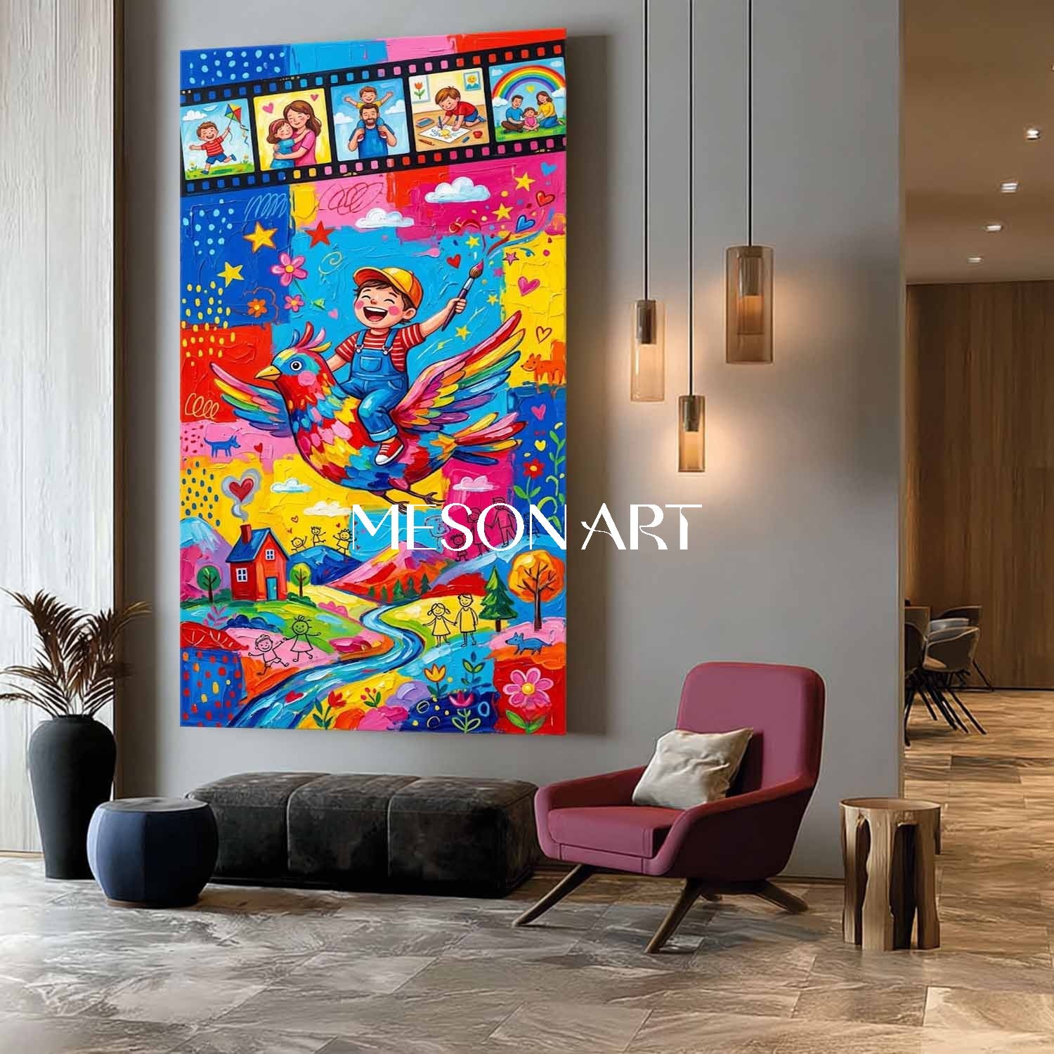 Colorful Surrealist Painting Of Boy On Bird For Kids Room Wall Art