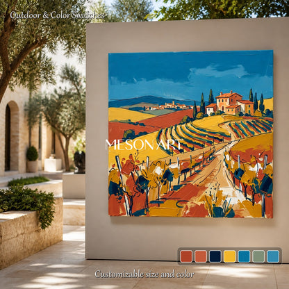 Blue And Gold Contemporary Figurative Vineyard Landscape Square Painting Original Art By Mesonart