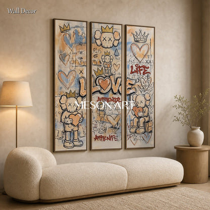 Original Graffiti Triptych With Kaws Inspired Icons For Modern Living Room Decor
