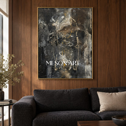 Black And Gold Abstract Painting Modern Textured Wall Art For Living Room Rectangular Canvas By Mesonart