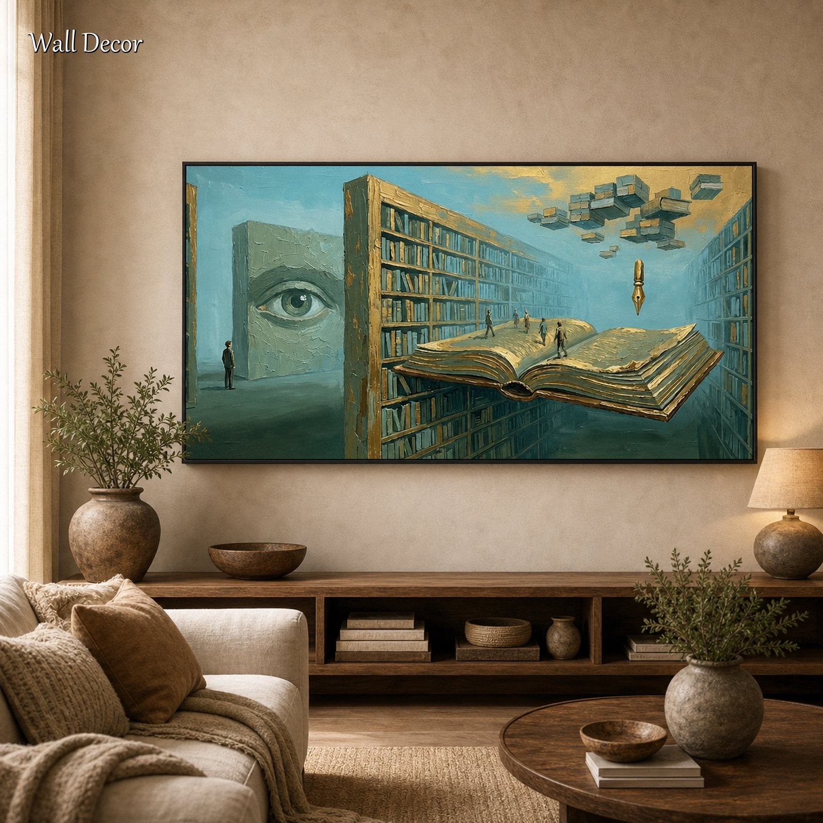 Large Surrealist Oil Painting Floating Book Library Art For Executive Office And Study Room Decor