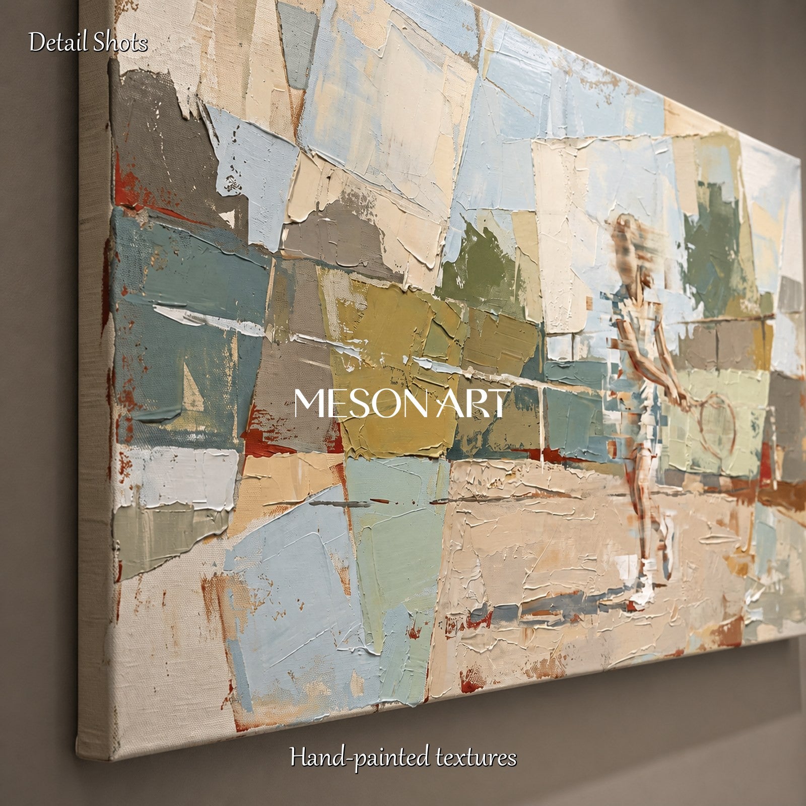 Beige And Blue Abstract Figurative Painting Contemporary Children At Play Panoramic Wall Art By Mesonart