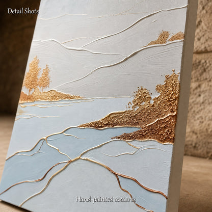 Luxury Textured Lake Mountain Painting In Gold And White For Modern Home Decor