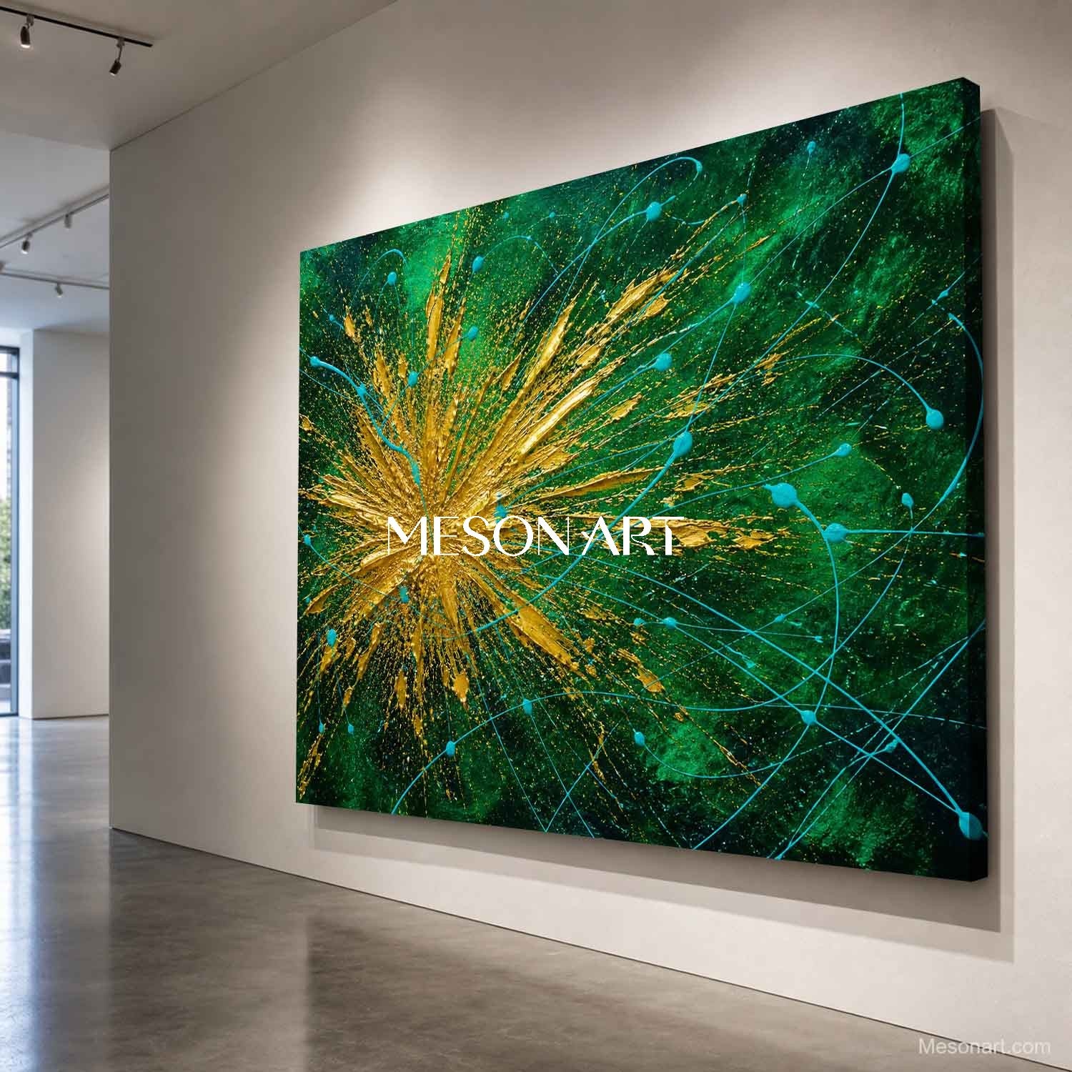 Abstract Gold And Green Explosion Art For Modern Living Room With Metallic Accents