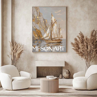 Luxury Gold Leaf Sailboat Painting With Textured Relief For Art Deco Living Room Decor