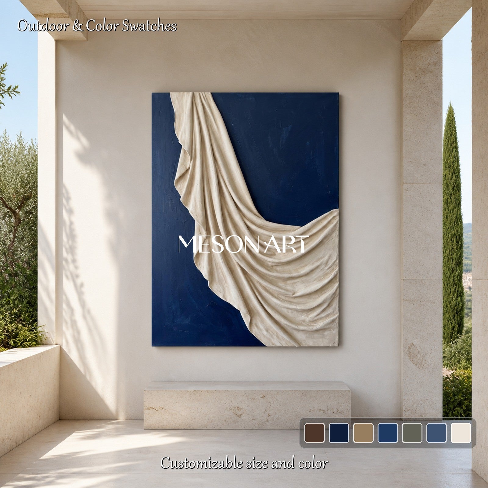 Blue And White Sculptural Plaster Art Rectangular Wall Decor Original Artist Hand Painted By Mesonart