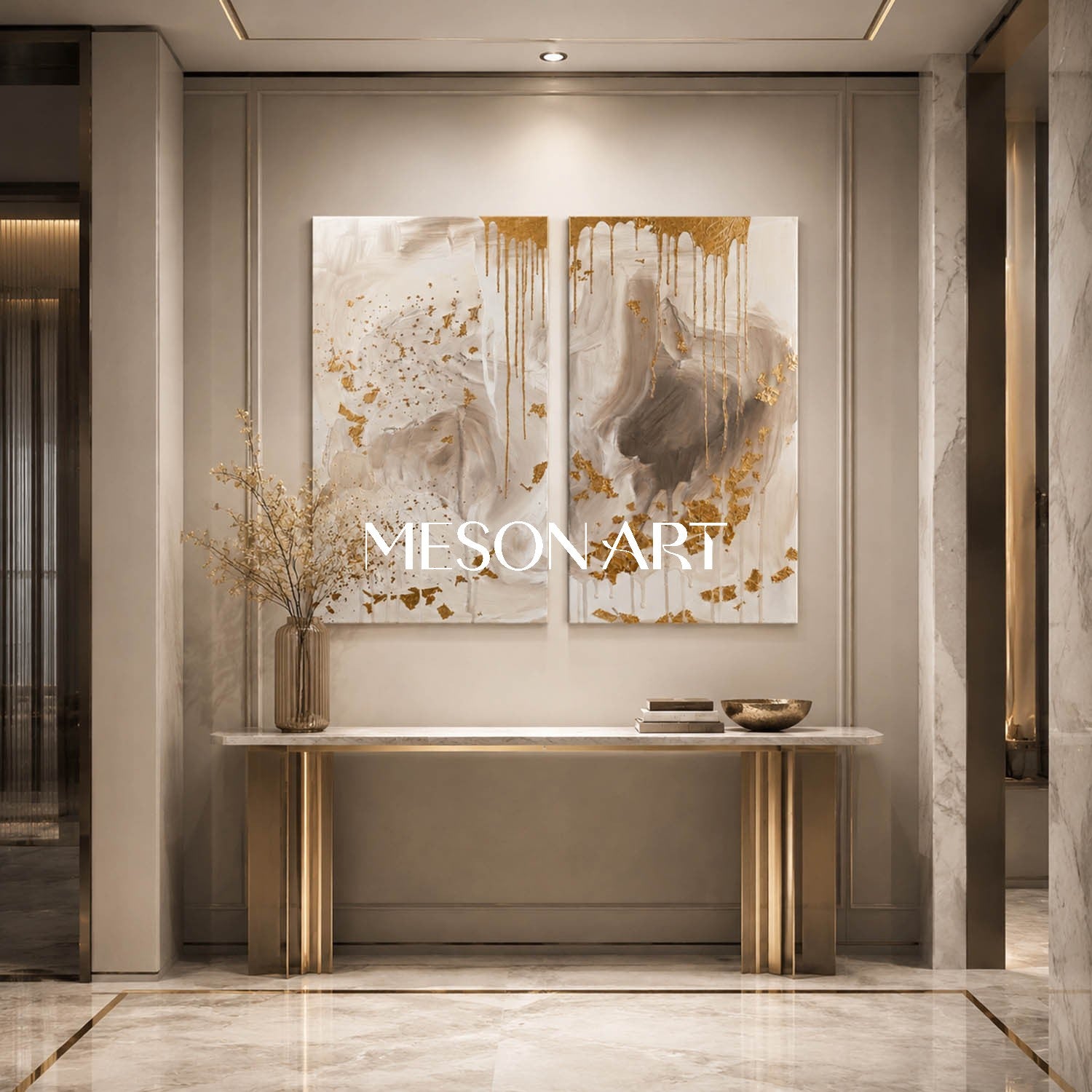 Luxury Gold Leaf Abstract Diptych Painting With Textured Beige Tones For Modern Living Room Decor