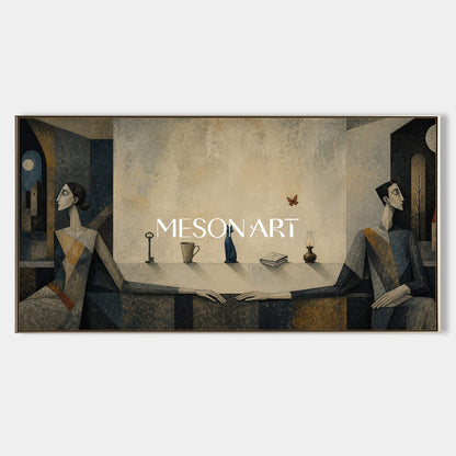 Beige And Blue Surreal Cubist Panoramic Art Geometric Couple Cat Modern Expressionism Textured Canvas Wall Decor For Living Room By Mesonart