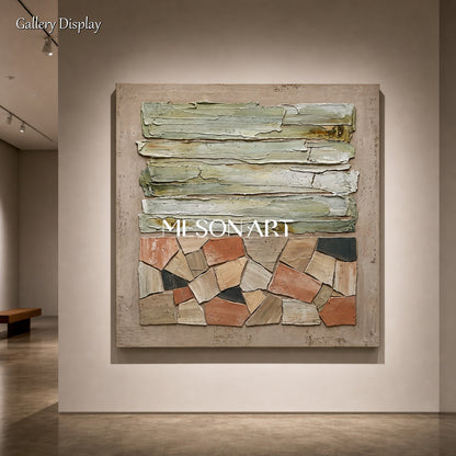 Natural Beige Plaster Texture Art With Gold Frame For Modern Living Room Decor