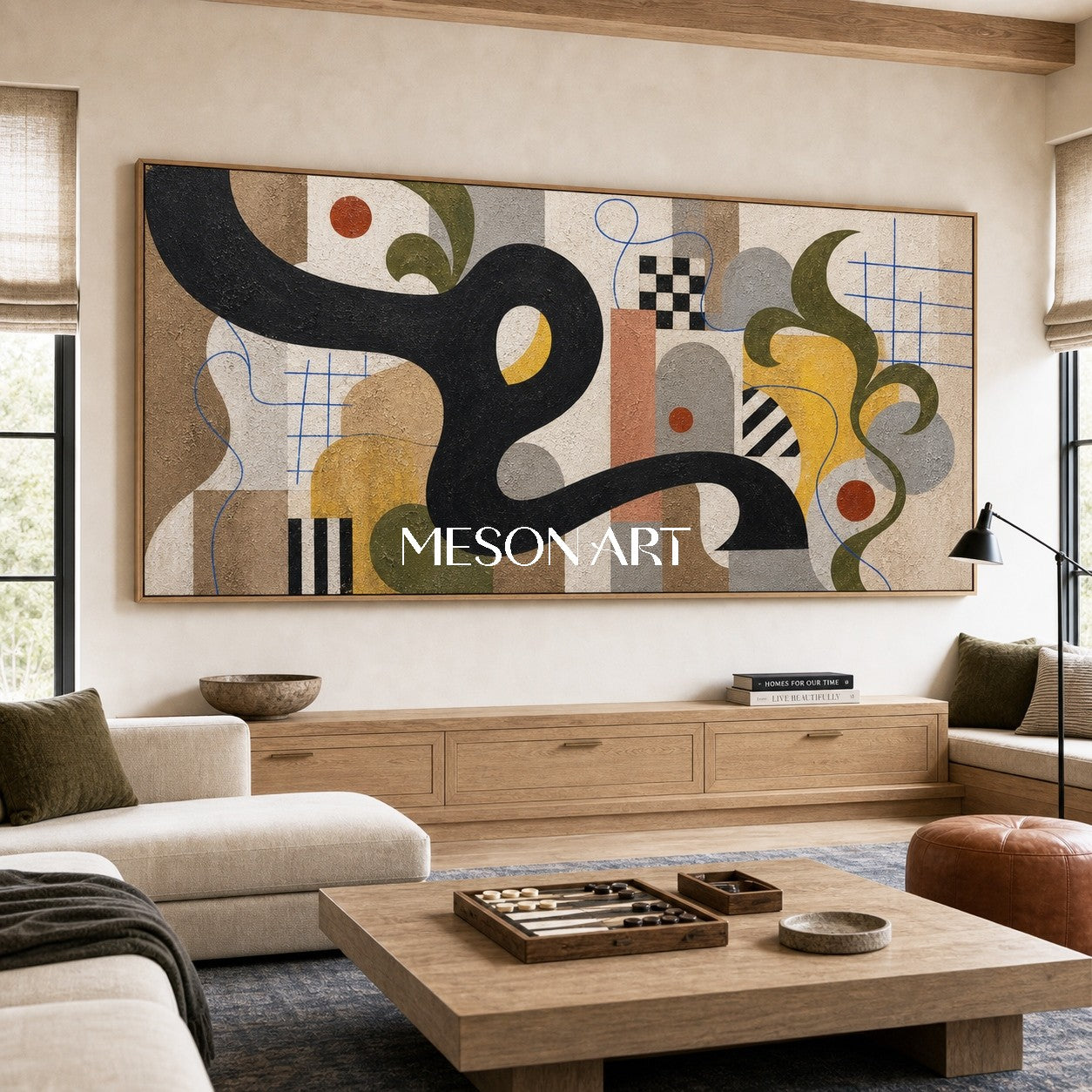 Mid Century Modern Abstract Painting With Geometric Shapes And Organic Lines For Living Room Decor