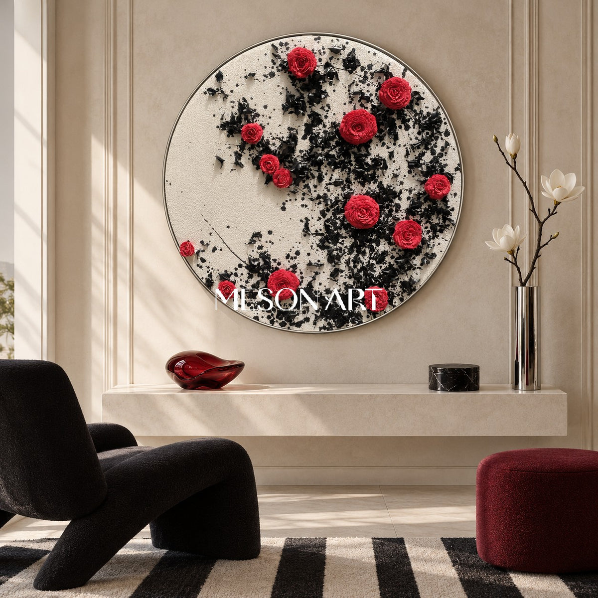 Red And Black Botanical Painting Modern Organic Circular Wall Art Original Hand Painted By Mesonart