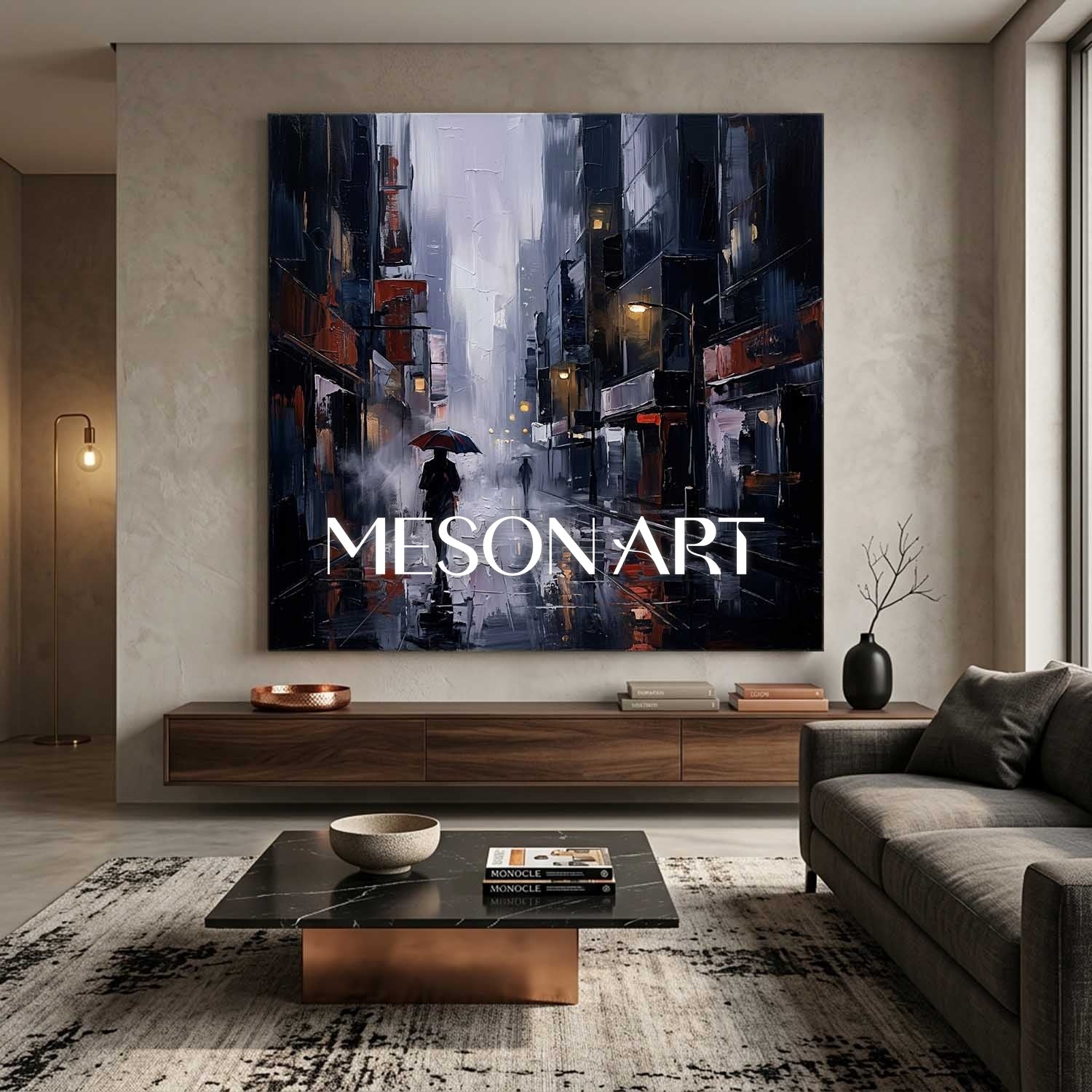 Abstract City Street Painting With Plaster Texture For Modern Living Room Decor