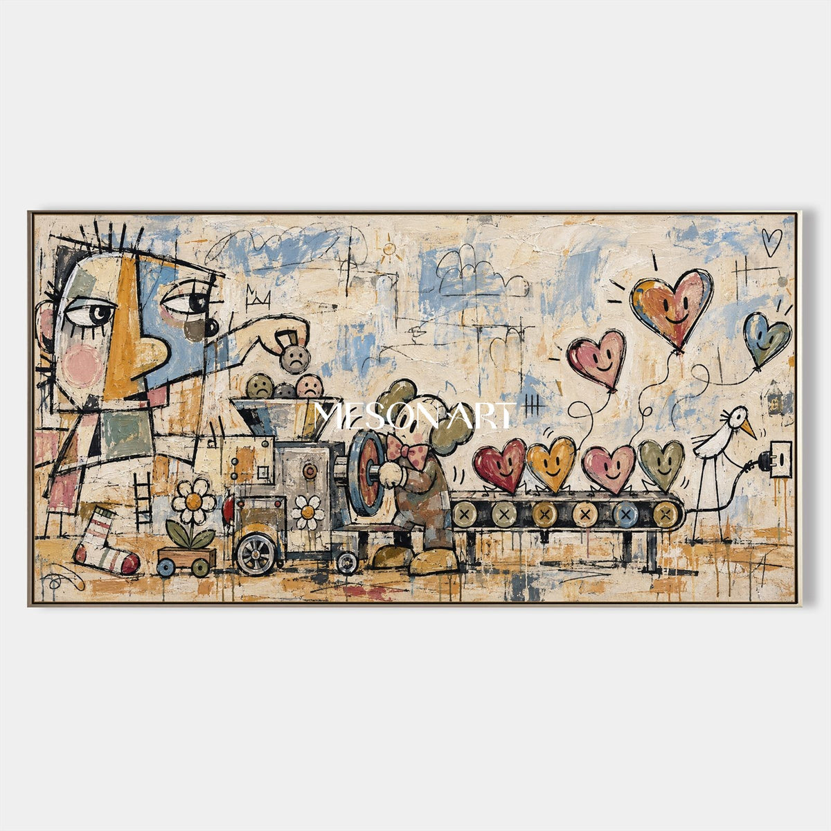Beige And Blue Graffiti Abstract Painting Original Artist Hand Painted Panoramic Wall Art For Living Room By Mesonart