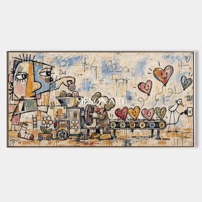 Beige And Blue Graffiti Abstract Painting Original Artist Hand Painted Panoramic Wall Art For Living Room By Mesonart