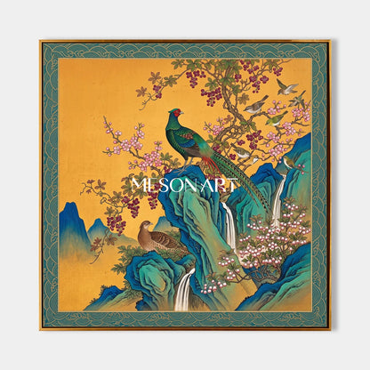 Gold And Blue Gongbi Bird And Blossom Painting Square Wall Art Original Chinese Style Artwork By Mesonart