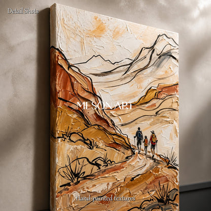 Beige And Brown Contemporary Hiking Landscape Panoramic Wall Art Original Artist Hand Painted Nature Adventure By Mesonart
