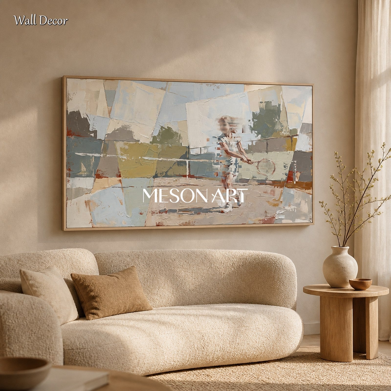 Beige And Blue Abstract Figurative Painting Contemporary Children At Play Panoramic Wall Art By Mesonart