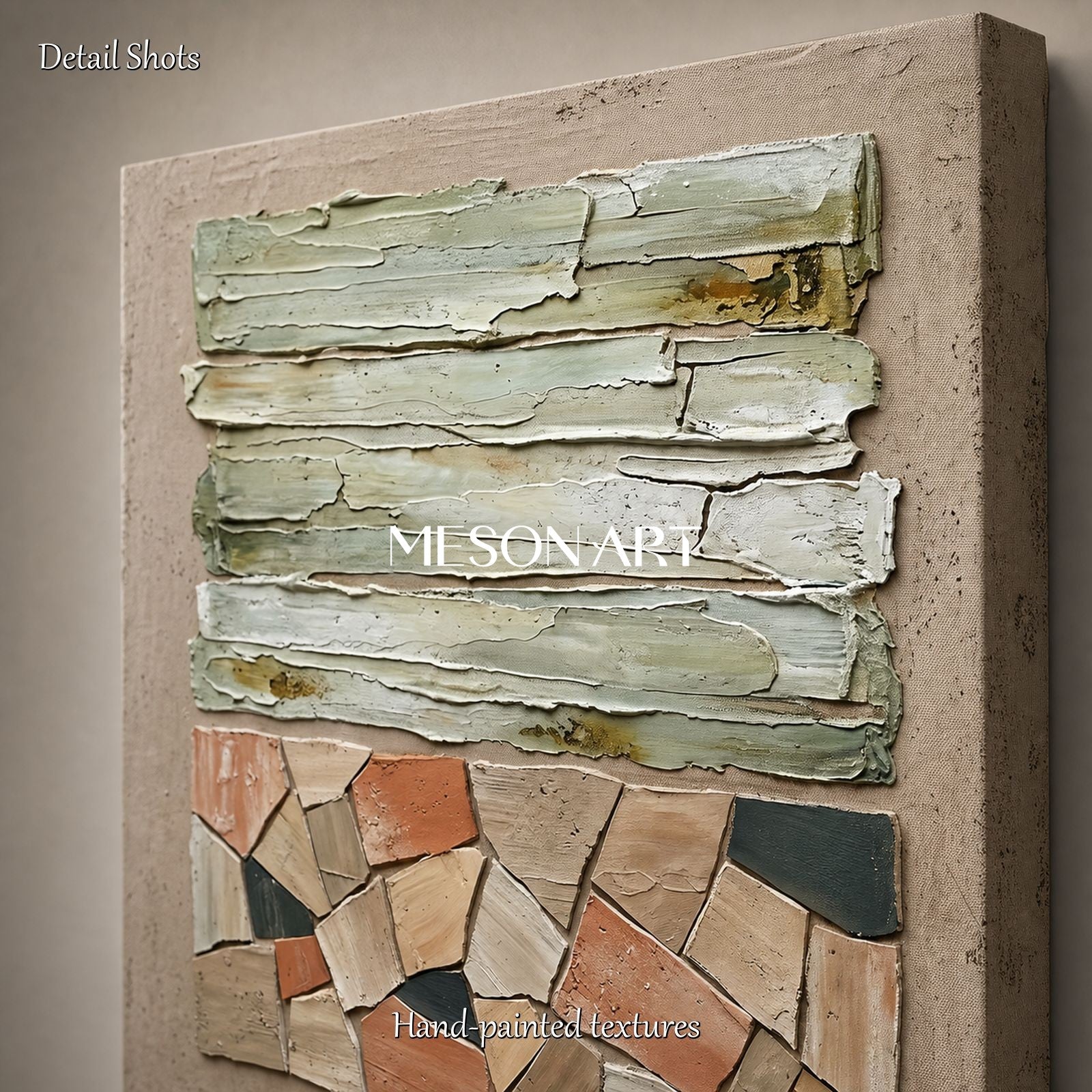 Natural Beige Plaster Texture Art With Gold Frame For Modern Living Room Decor