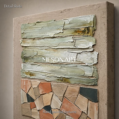 Natural Beige Plaster Texture Art With Gold Frame For Modern Living Room Decor