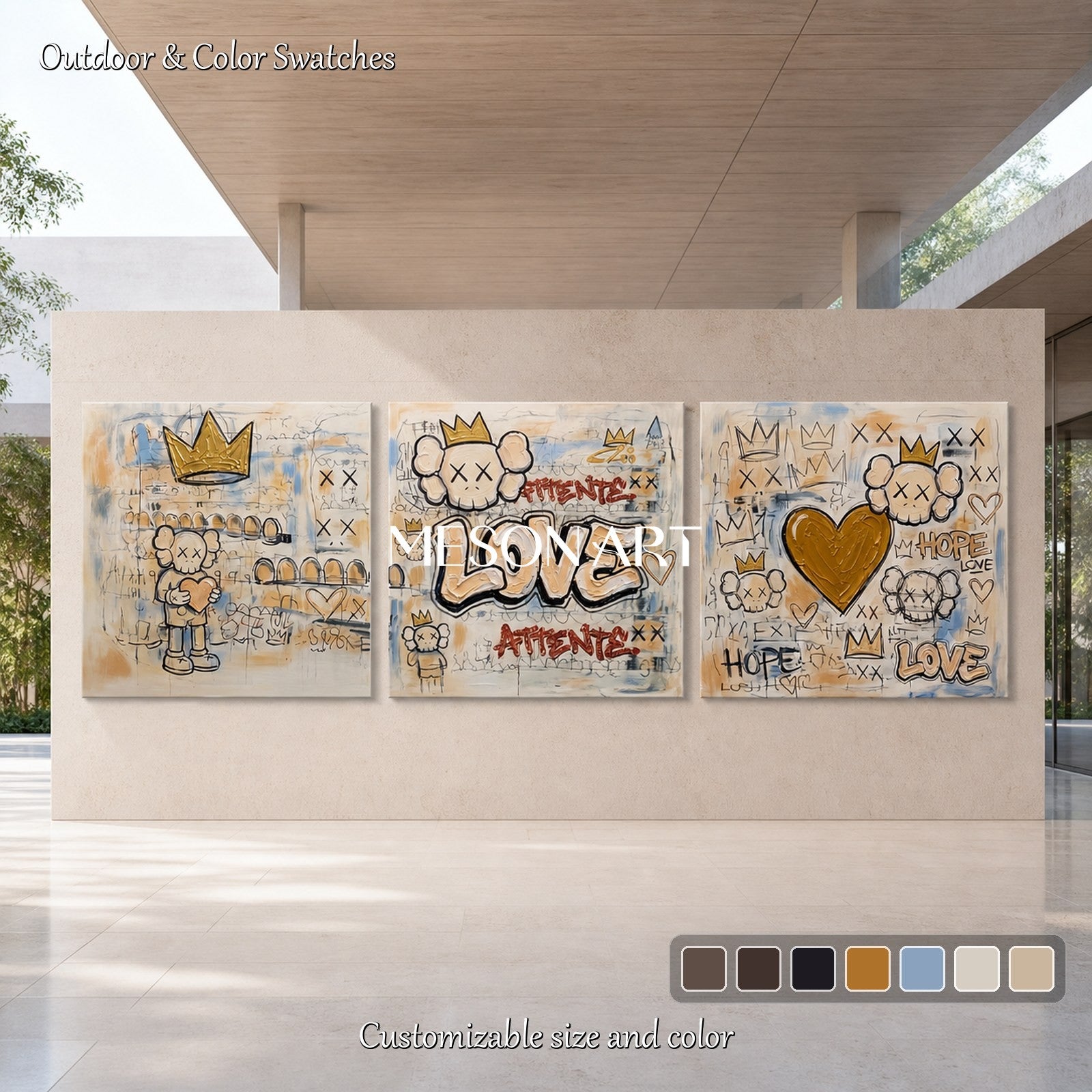 Urban Graffiti Wall Art With Crown And Heart Motifs For Modern Living Room Decor