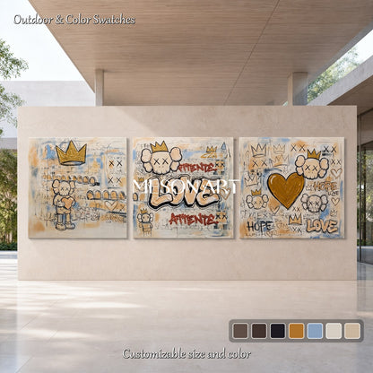 Urban Graffiti Wall Art With Crown And Heart Motifs For Modern Living Room Decor