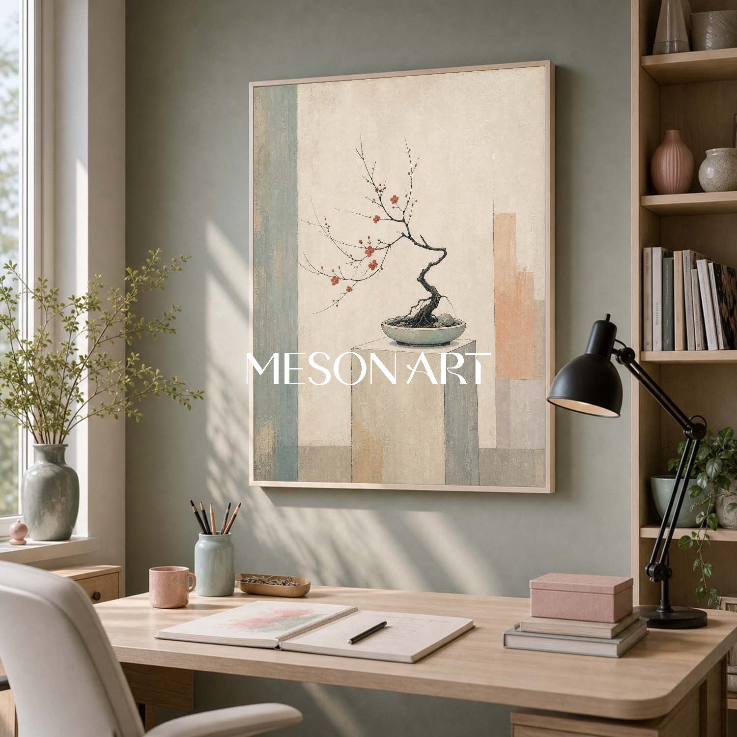 Minimalist Bonsai Painting With Geometric Background For Living Room And Office Decor