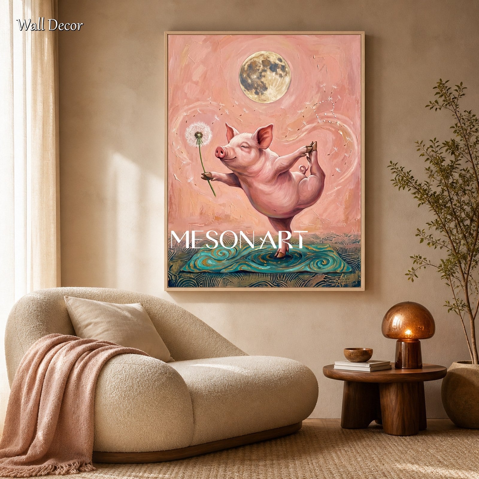 Pink Surrealist Yoga Pig Original Art Rectangular Wall Decor For Living Room By Mesonart