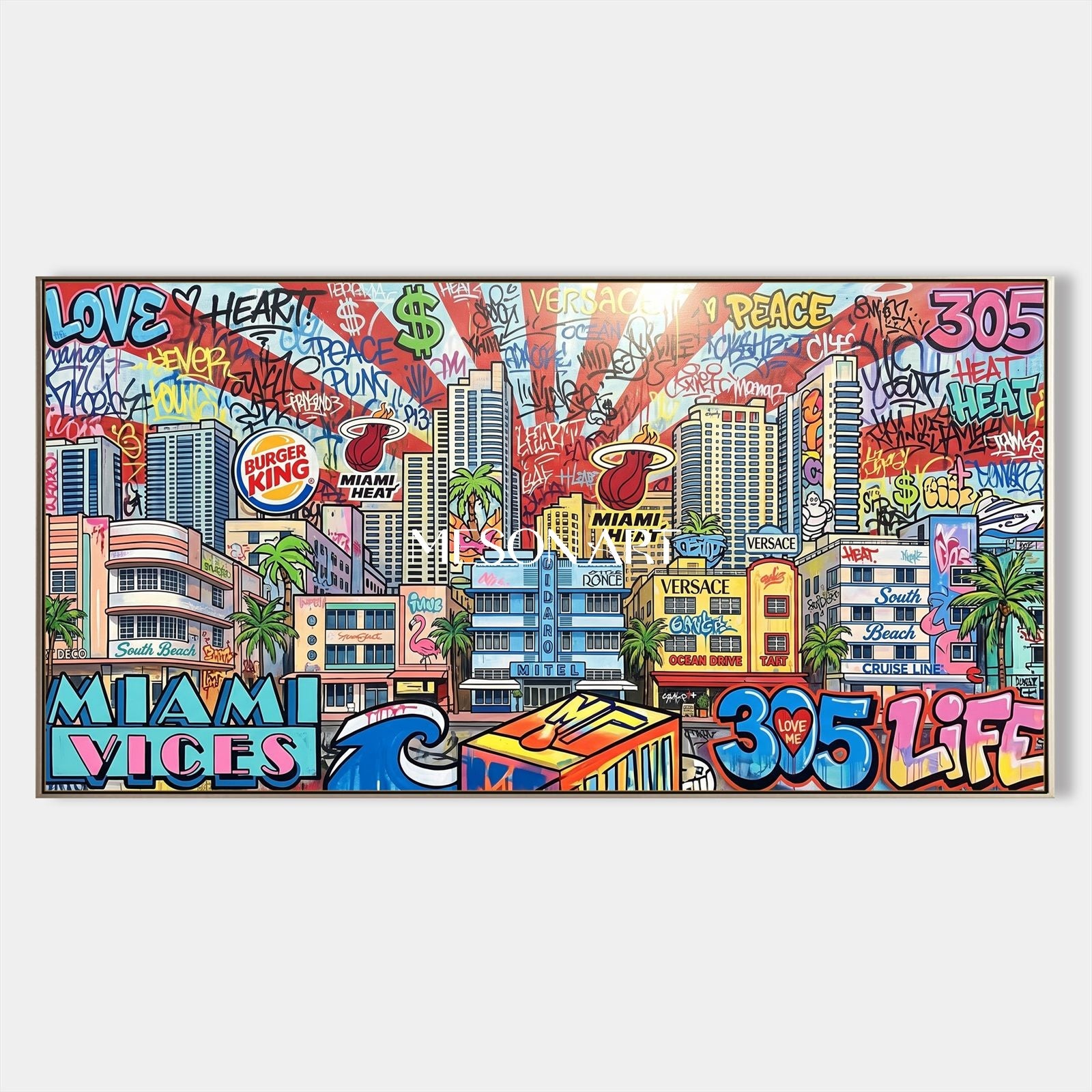 Blue And Red Graffiti Painting Cool Artwork Panoramic Wall Decor For Living Room By Mesonart