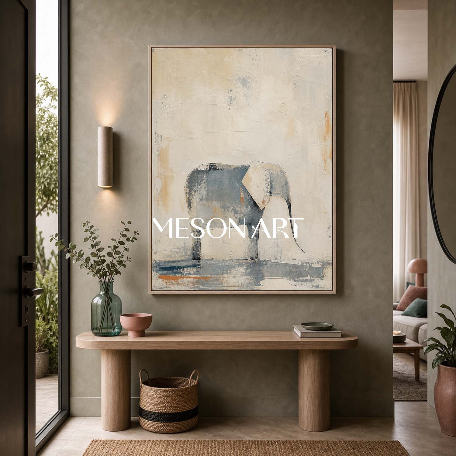 Minimalist Elephant Wall Art In Beige And Grey Tones For Serene Living Room Decor