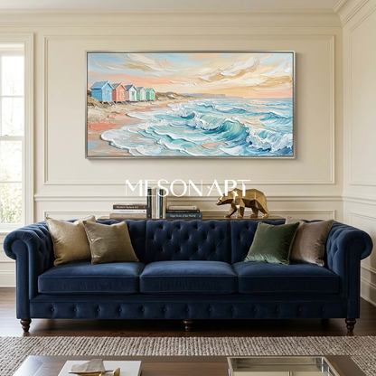 Dreamy Pastel Beach Cottages Seascape Oil Painting For Coastal Living Room Decor