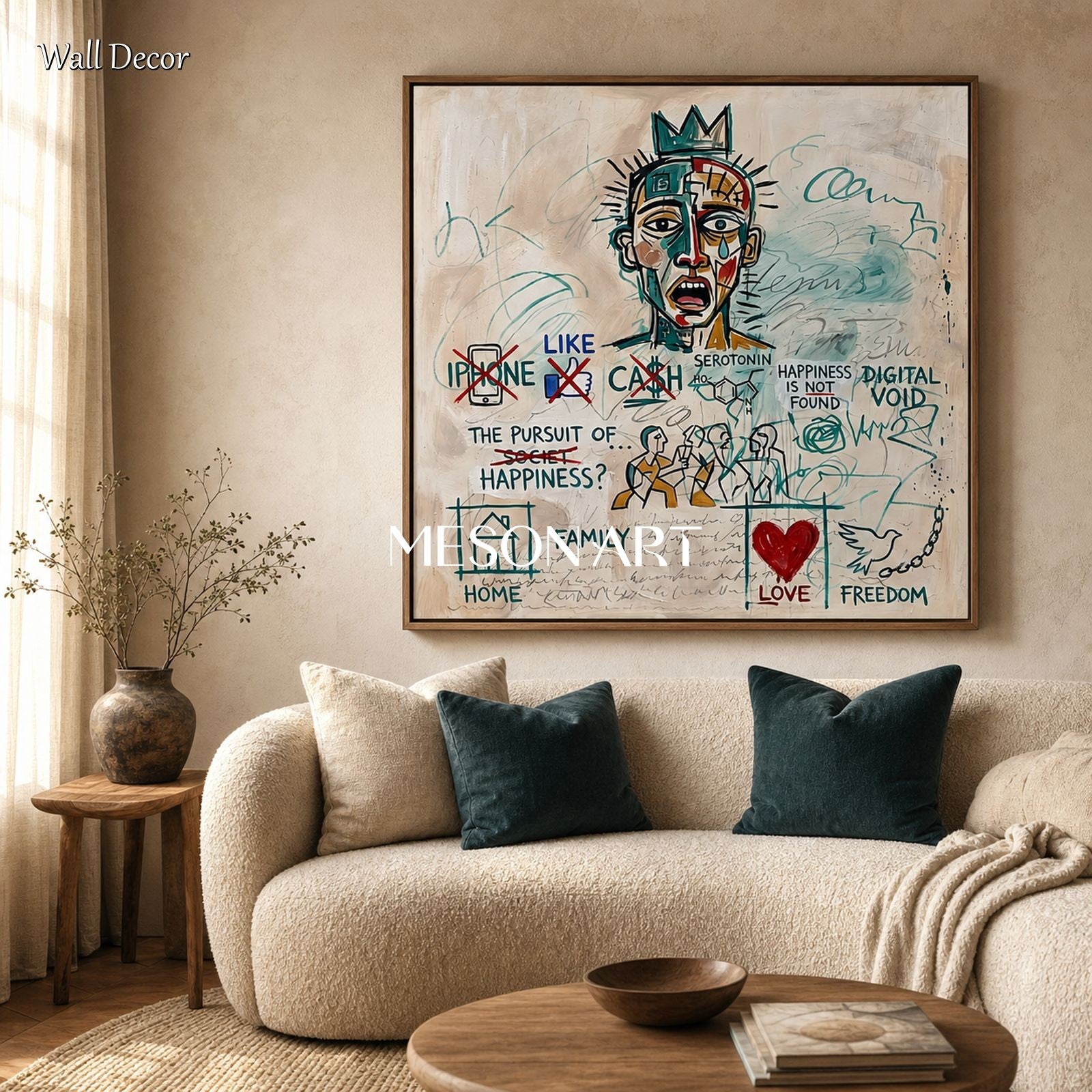 Original Basquiat Style Graffiti Art With Social Critique For Modern Home Decor
