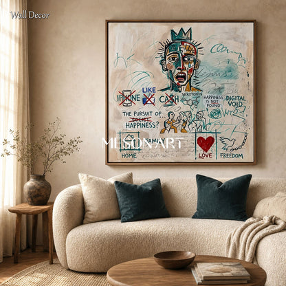 Original Basquiat Style Graffiti Art With Social Critique For Modern Home Decor
