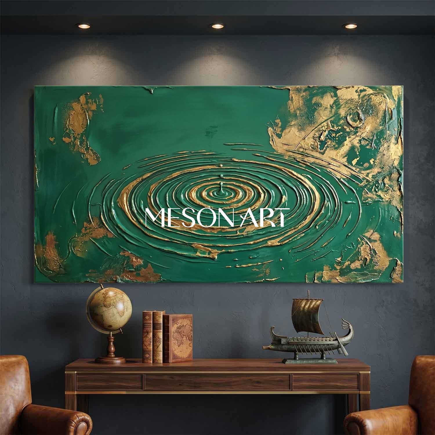 Large Green And Gold Abstract Wall Art For Modern Living Room Decor