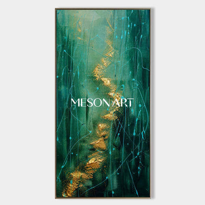 Green And Gold Pollock Abstract Art Painting With Fluid Lines For Modern Living Room Decor