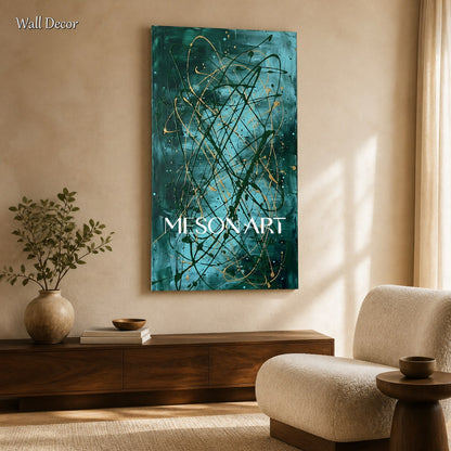 Green And Gold Jackson Pollock Inspired Abstract Expressionism Painting Panoramic Wall Art For Living Room By Mesonart