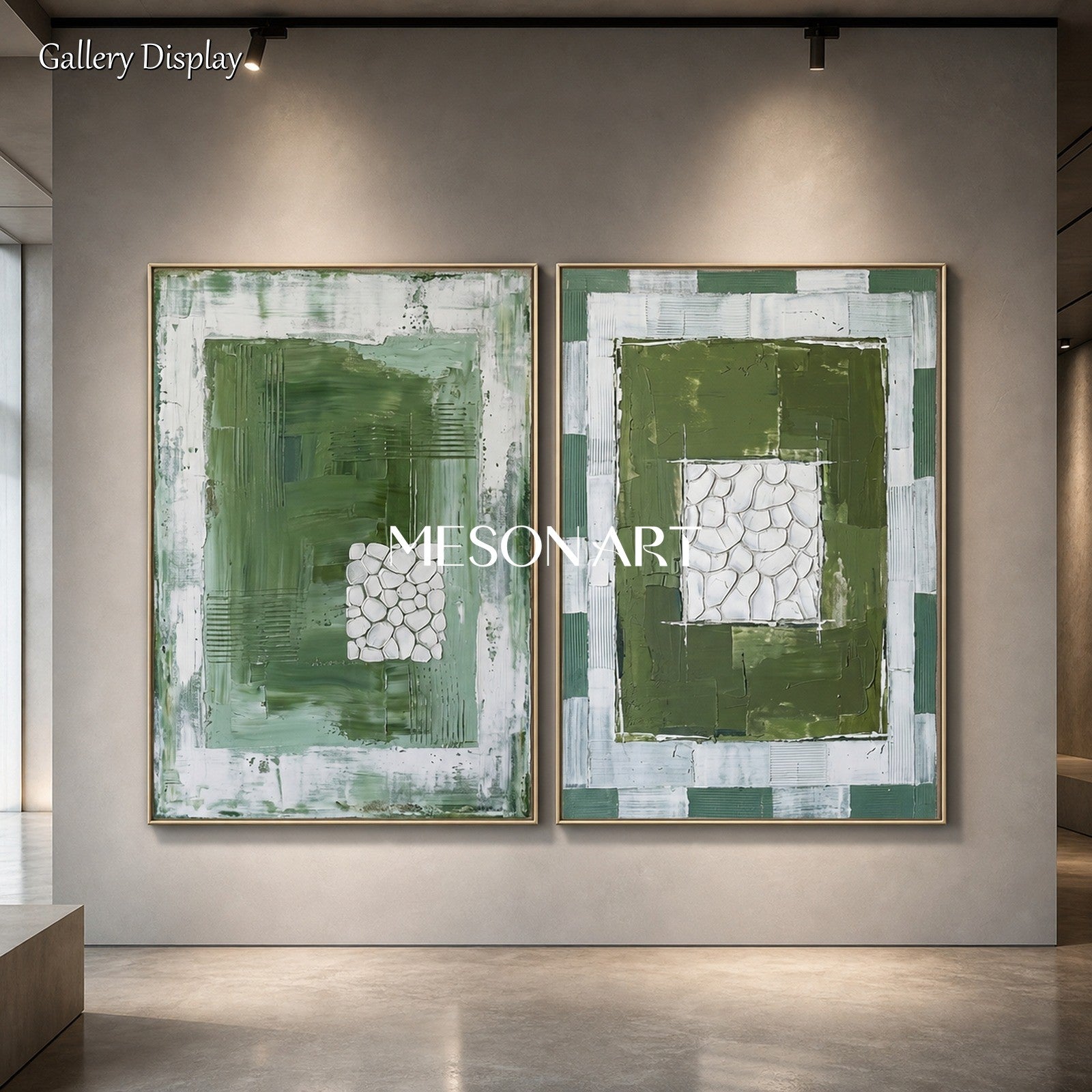 Green And White Minimalist Abstract Art Diptych For Modern Home Decor