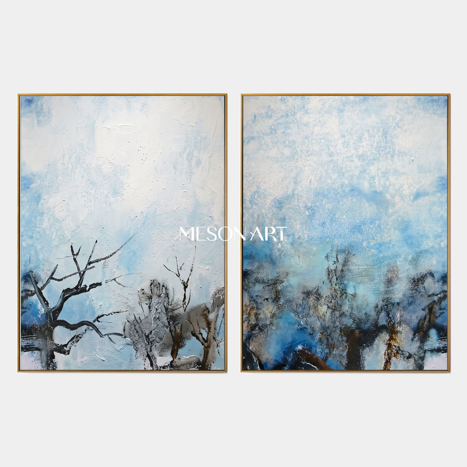 Blue And White Textured Abstract Landscape Painting Rectangular Wall Art For Living Room By Mesonart