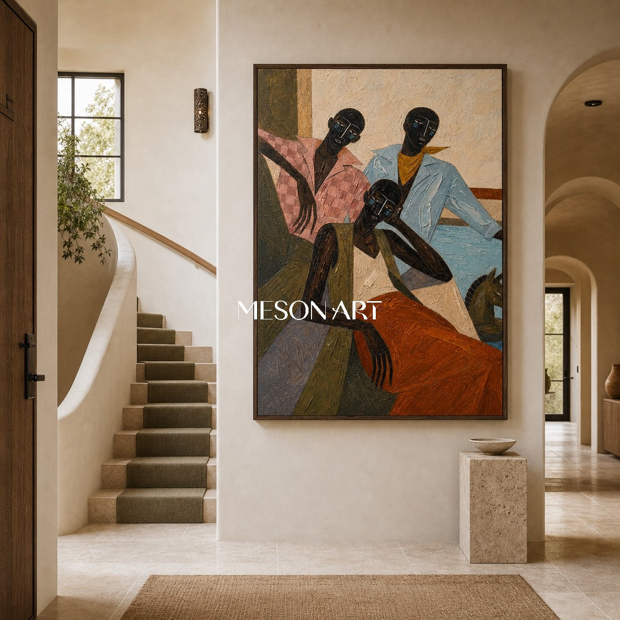 Expressive Abstract People Painting With Geometric Forms And Rich Texture For Modern Living Spaces