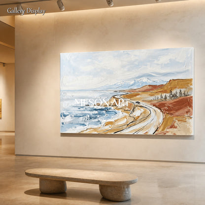 Blue And Brown Mountain Landscape Painting Modern Textured Art Rectangular Wall Decor For Living Room By Mesonart