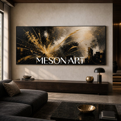 Abstract Black Gold City Painting With Metallic Texture For Modern Living Room Decor