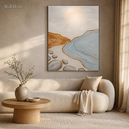 Abstract Blue And Gold Painting With Fluid Motion For Quiet Luxury Living Room Decor