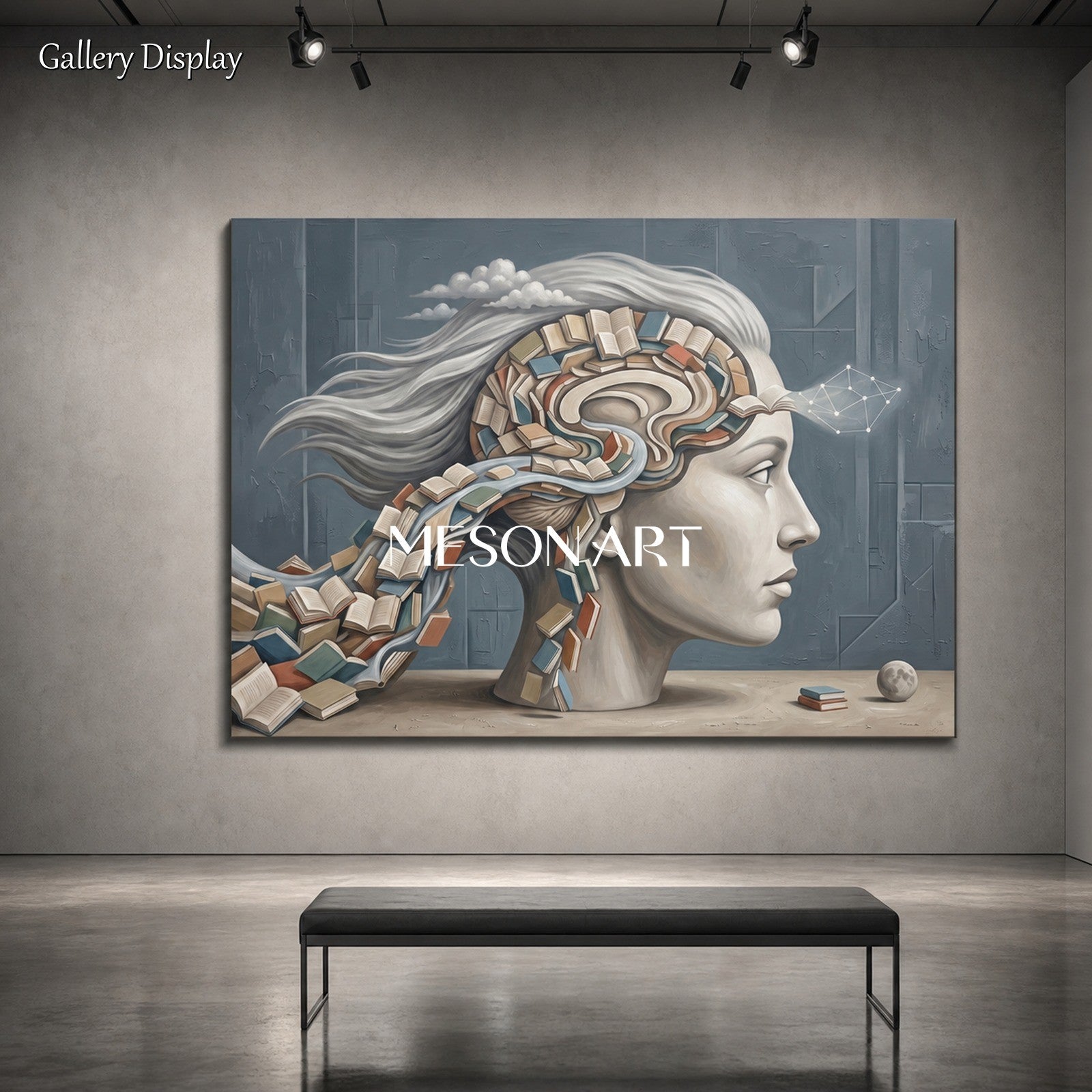 Surrealist Abstract Painting Of Mind And Books For Modern Home Office Decor