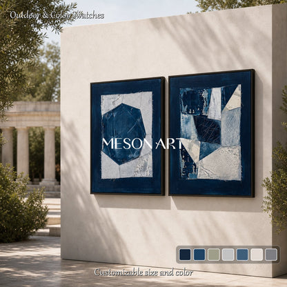 Blue And White Abstract Art With Textured Relief For Modern Living Room Decor
