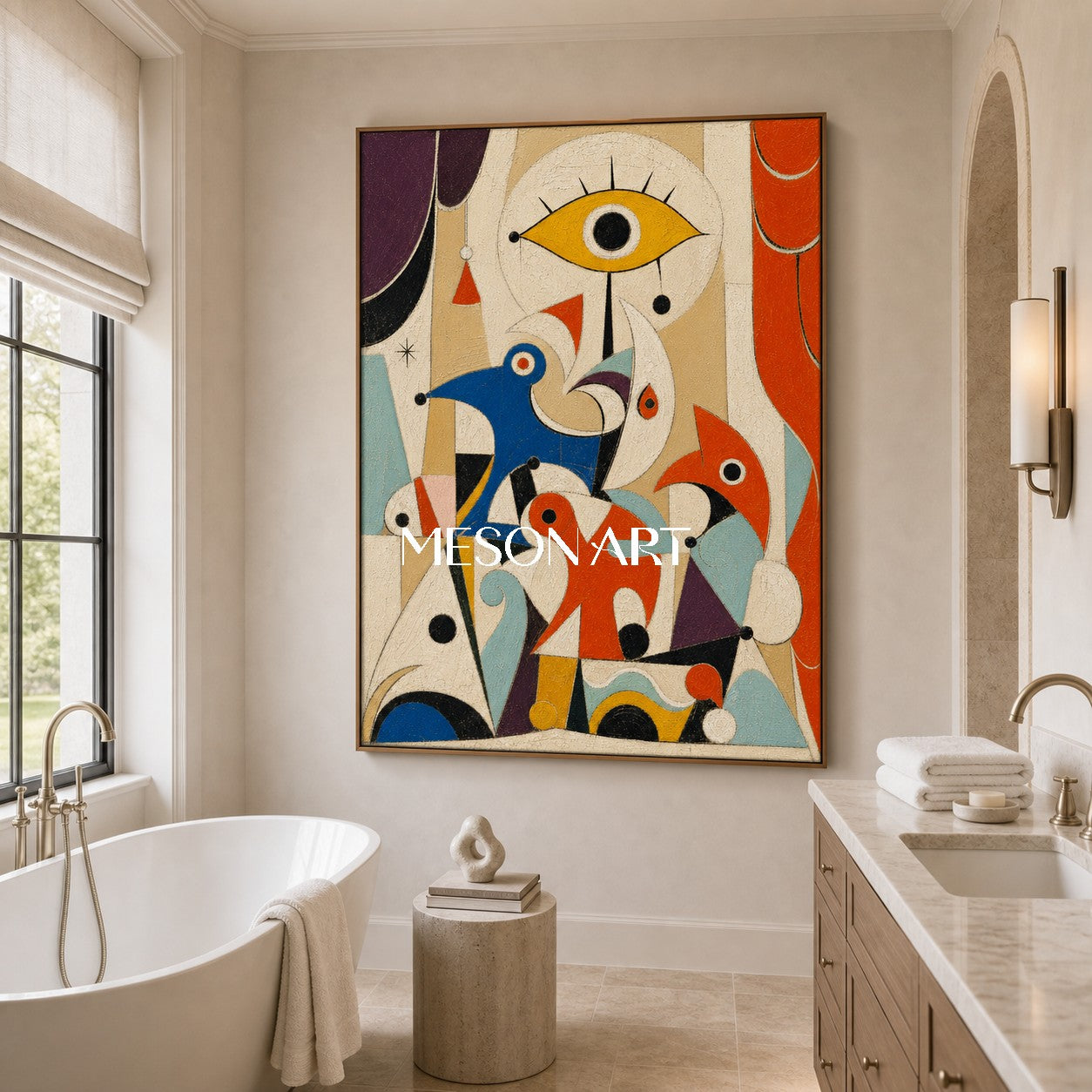 Surrealist Abstract Art Painting With Birds And Eye For Creative Kids Room Decor