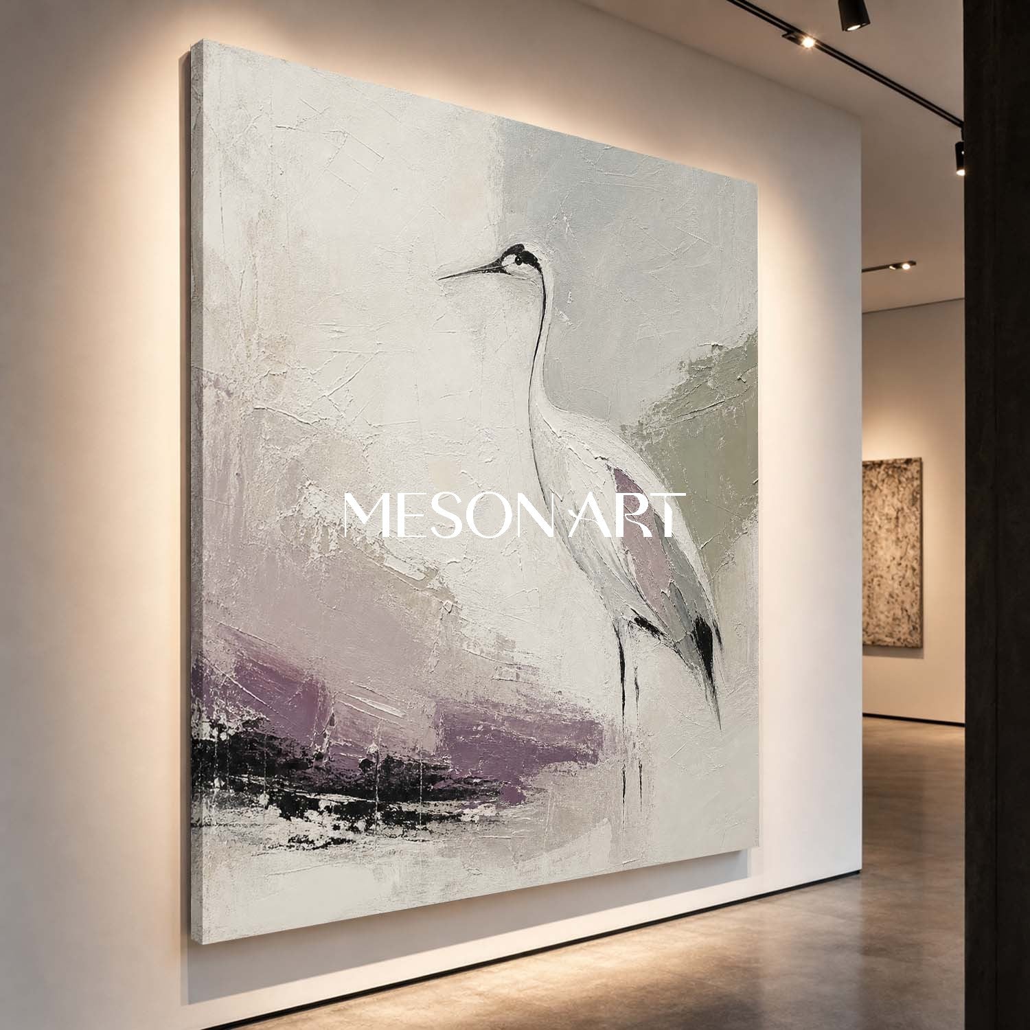 Minimalist Crane Oil Painting On Linen Canvas With Textured Brushwork For Living Room And Bedroom Decor